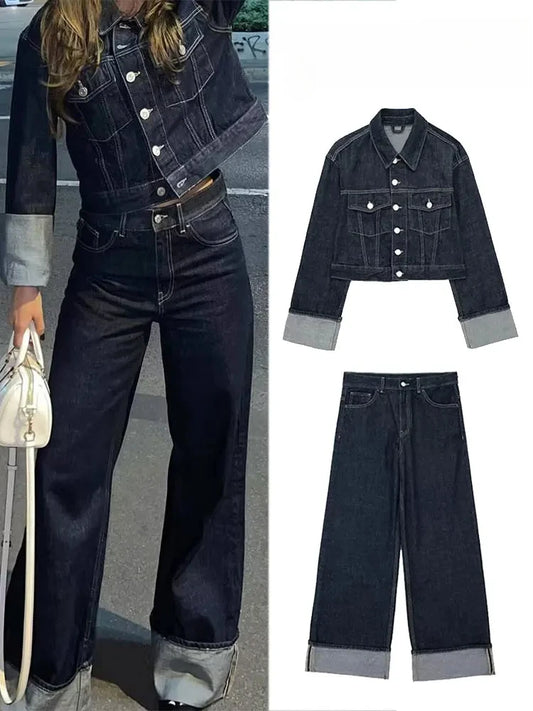 Women's Fashion Suit Retro Splicing Single-breasted Pocket Denim Jacket+High-waisted Women's Zippered Wide-leg Pants 2-piece Set