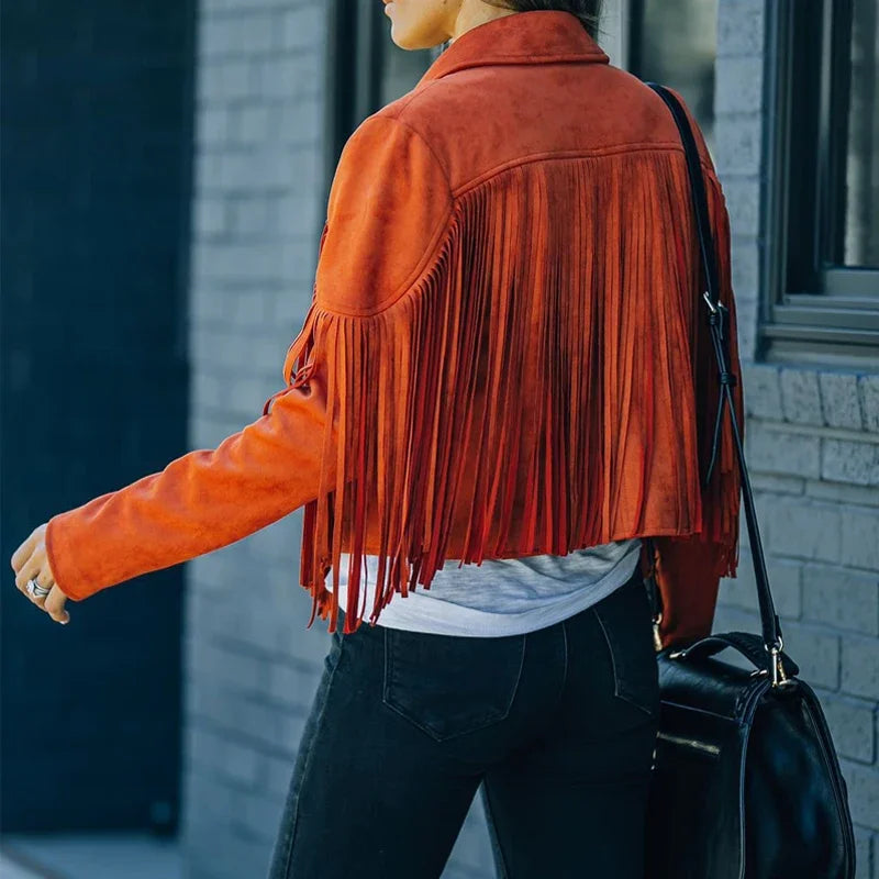 Women's Casual Fringe Cropped Jacket Western Boho Vintage Long Sleeve Zip Up Trendy Autumn Outerwear