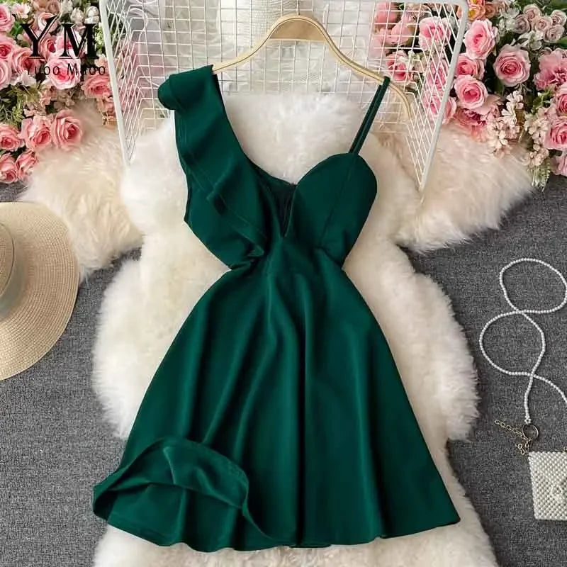 Ins Fashion Sexy Backless One Shoulder Strap Club Dress Chic High Waist A-line Mini Dress Women Red Party Dress