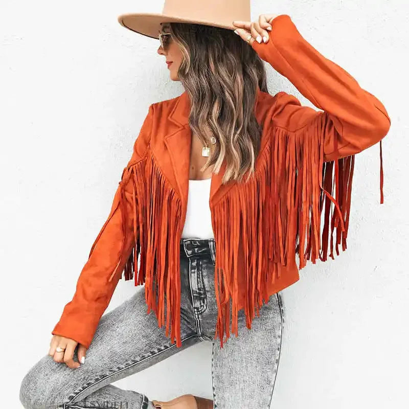 Women's Casual Fringe Cropped Jacket Western Boho Vintage Long Sleeve Zip Up Trendy Autumn Outerwear