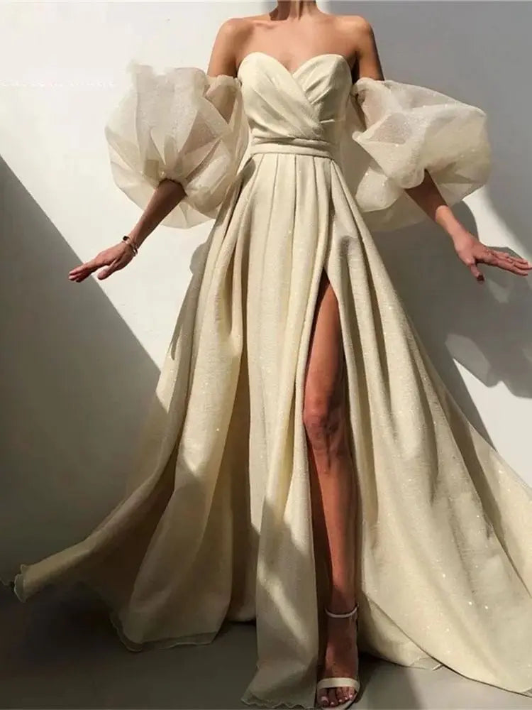 New Attractive A-Line Prom Dress Customized High Split-Front Evening Gown Backless Party Dress Short Puff Sleeve Robes De Soirée