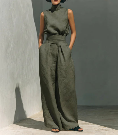 Women Summer Fashion Casual Loose Solid Suit Cotton Linen Set Sleeveless Tops Wide Leg Pants Office Ladies 2 Piece Sets 2026