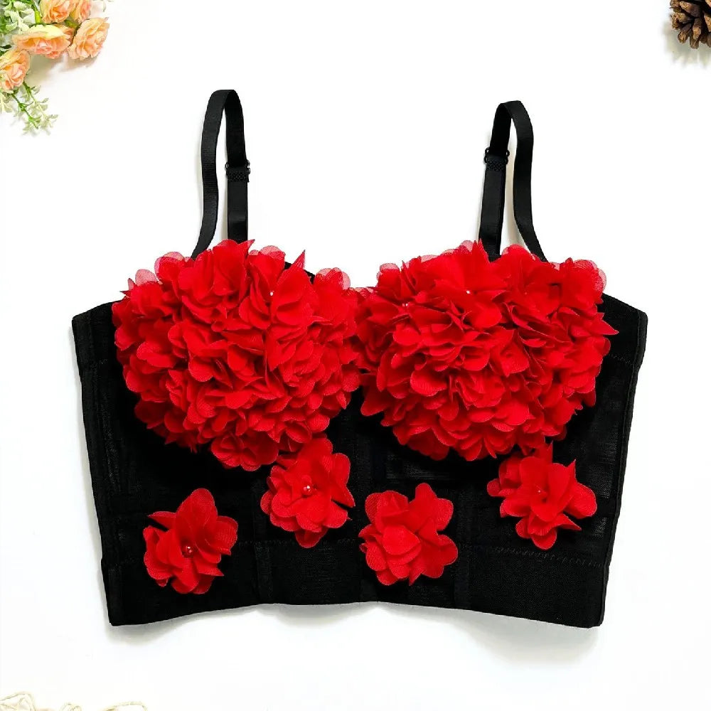 Sexy Beachwear Corset 3D Floral Applique Cute Women Deading Design Bustier Ladies Event Party Crop Top Short French Sweet Cami