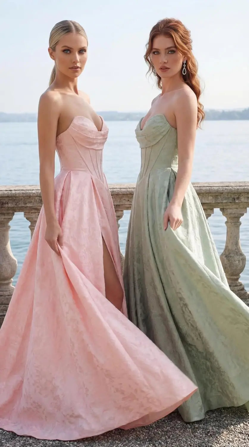 Women Elegant Jacquard Satin Prom Dresses with Slit Strapless Corset A Line Long Formal Gowns Evening Gowns Party Dresses