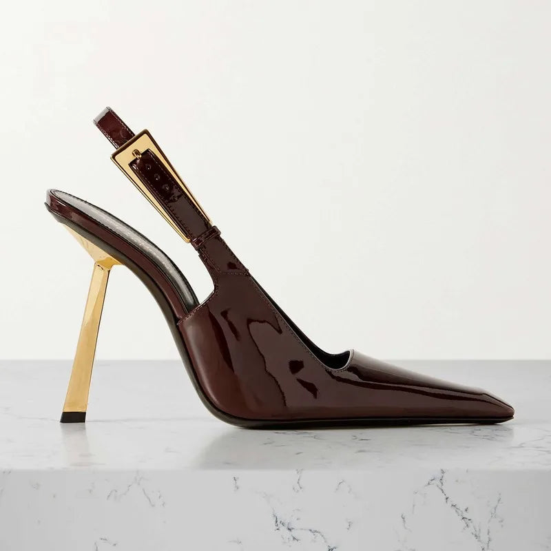 2025 Spring And Summer New Black Patent Leather High Heels Women Slim Heel Shoes Temperament Minority Pointed Sandals