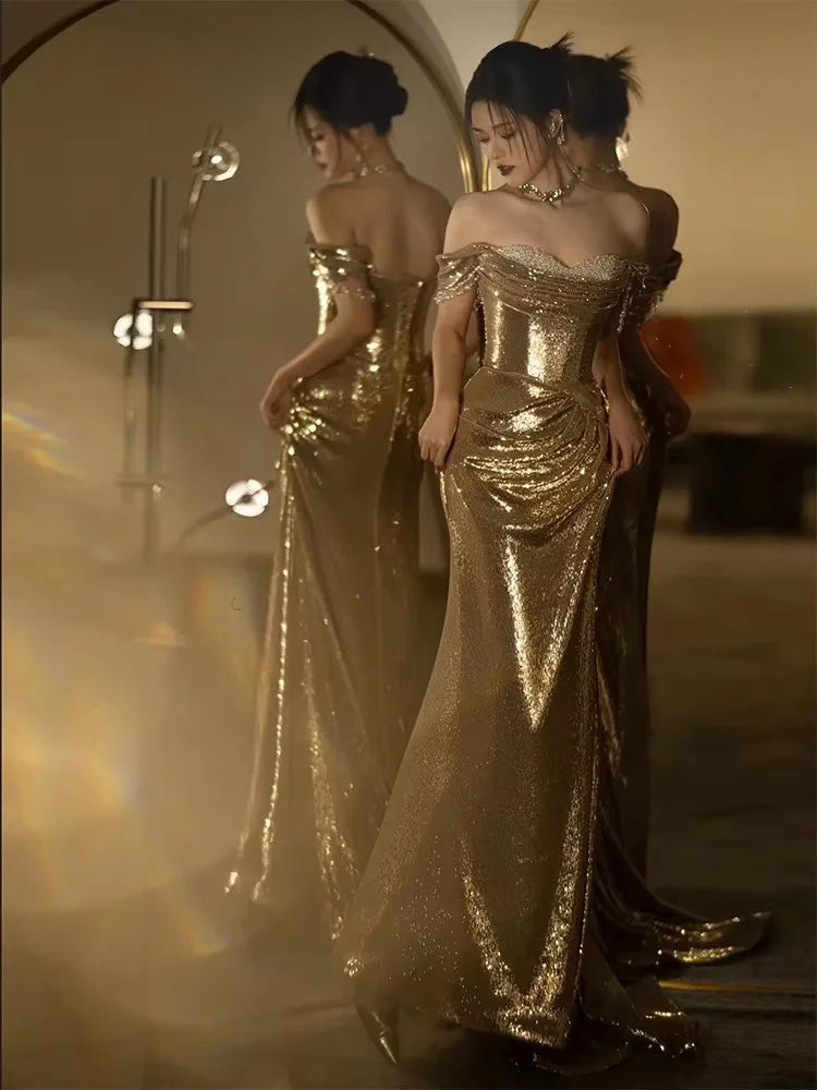 Mauroicardi Spring Autumn Praty Evening Dresses Woman Off Shoulder Backless Elegant Chic Luxury Floor Length Gold Sequin Clothes