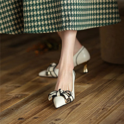 Dilalula 2025 French Style Genuine Leather Sandals Women Covered Toe Butterfly Knot Party Dating Sandals Office Ladies Pumps