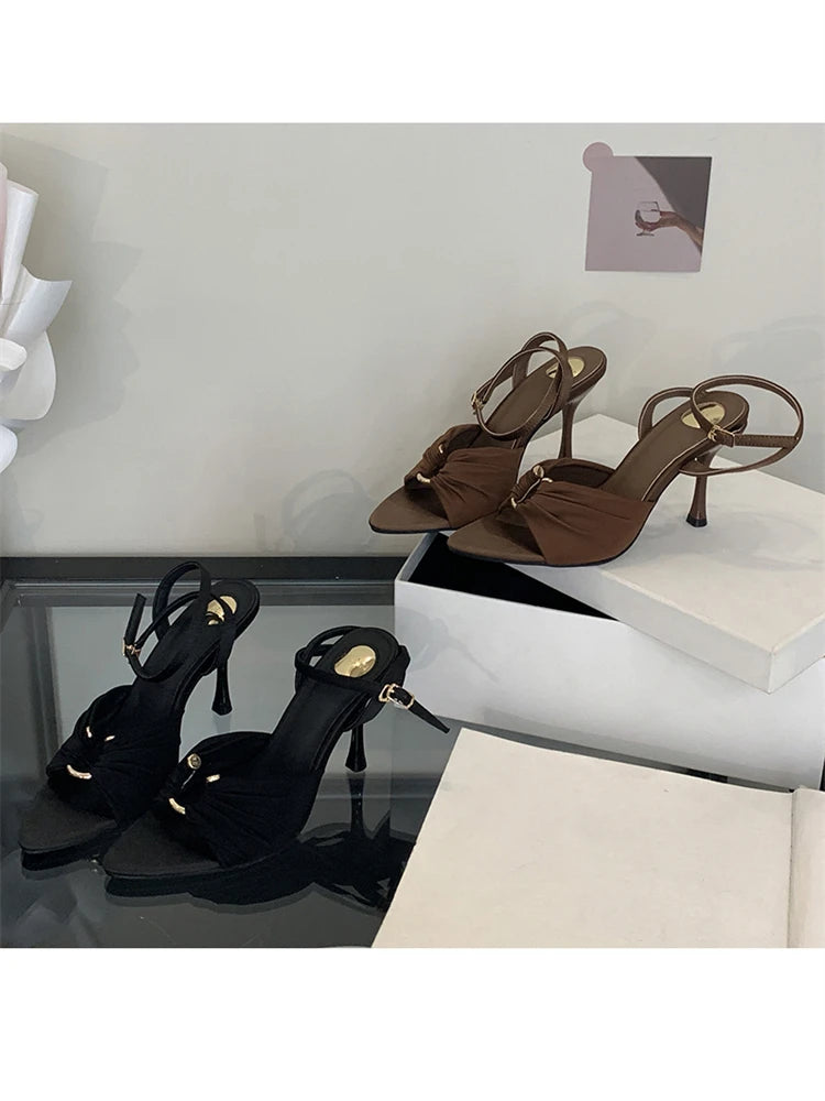 Eilyken Summer Fashion Thin Heels Pleated Hollow Out Buckle Strap Women Sandals Pointed Toe Banquet Party Female Shoes  6CM 9CM