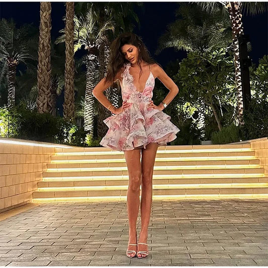 Floral Print Fuffy Short Dress Lace Up Slim Fit Strap Gown 3D Flower Bud Skirt Hemline Halter Backless Beach Suspender Dresses