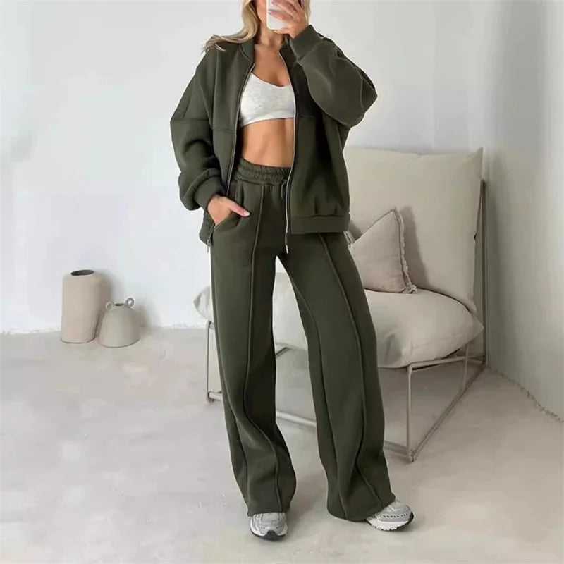 2025 Sweatshirt Two-piece Suit Women's Casual Sports Sets Autumn Winter Zip-up Short Coat Straight Trousers 2-piece Sets S-5XL
