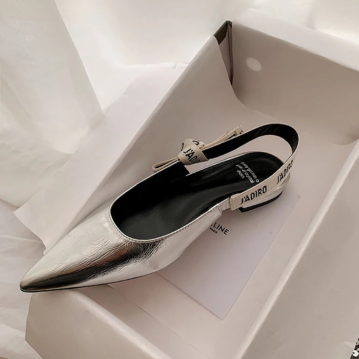 New Summer Low Block Heel Suede Pointed Toe Low-Cut Flats with Letter Back Strap Closed-Toe Sandals