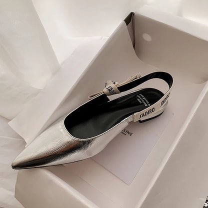 New Summer Low Block Heel Suede Pointed Toe Low-Cut Flats with Letter Back Strap Closed-Toe Sandals