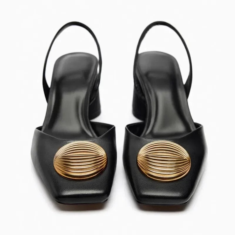 Designer Brand Sandals Women Pumps Metal Decoration Fashion Square Toe Chunky Heels Dress Shoes Elegant High Heels Ladies Mules