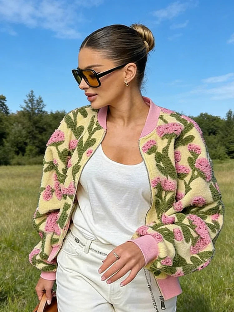 Sweet Dreamy Flower Plush Bomber Jacket For Women Casual Oversized Long Sleeves Zip Up Fleece Coat 2026 High Street Daily Wear