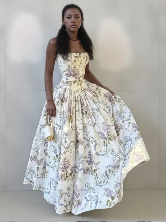 Chic Flower Print A-line Maxi Dress Women Elegant High Waist Strapless Backless Slim Vestidos Lady Summer Vacation Robes LIX8