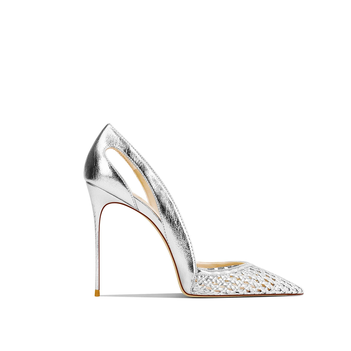 Summer New Women's Black Leather Woven Fashionable and Sexy Pointed Thin Heel High-heeled Shoes