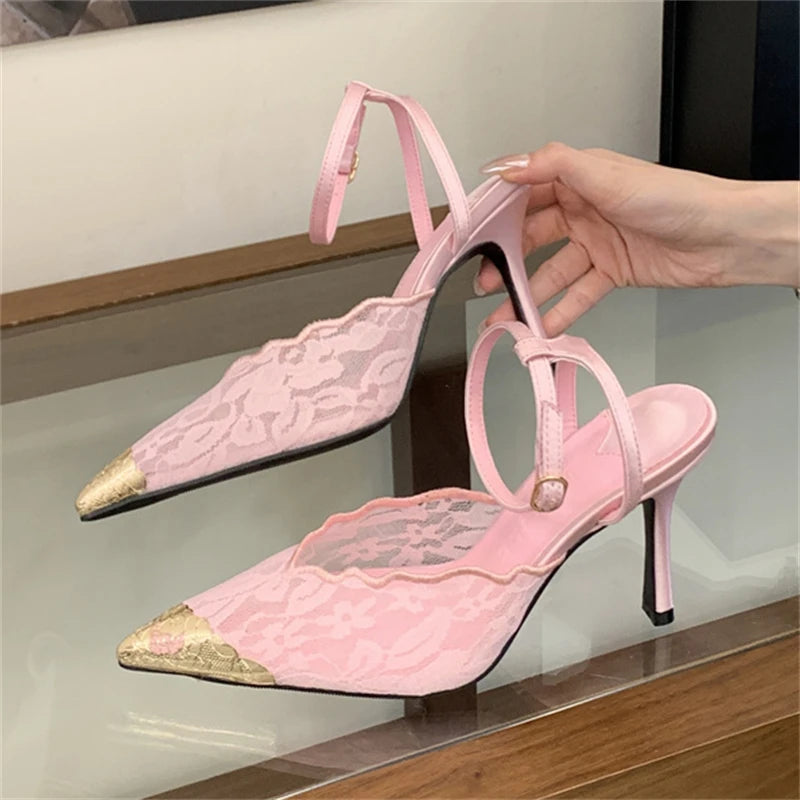 Eilyken New Design Breathable Mesh Thin High Heels Woman Pumps Elegant Pointed Toe Buckle Strap Party Prom Mule Shoes