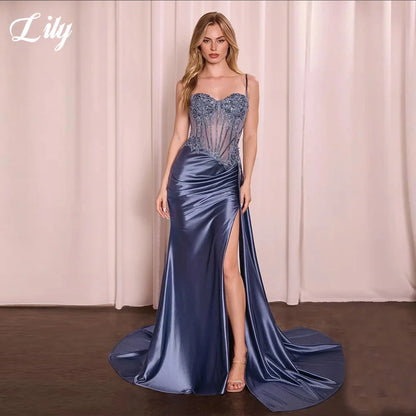 Lily Blue Charming Prom Dress Lace Appliques Sweetheart Prom Gown High Side Split Mermaid Evening Dresses robe soirée Customized