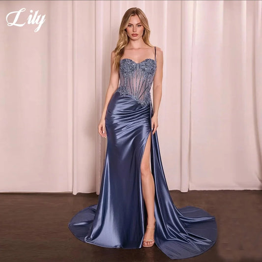 Lily Blue Charming Prom Dress Lace Appliques Sweetheart Prom Gown High Side Split Mermaid Evening Dresses robe soirée Customized