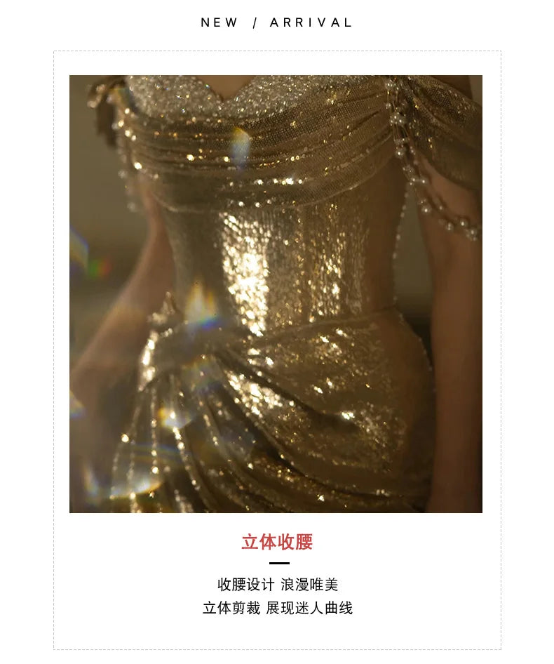Mauroicardi Spring Autumn Praty Evening Dresses Woman Off Shoulder Backless Elegant Chic Luxury Floor Length Gold Sequin Clothes