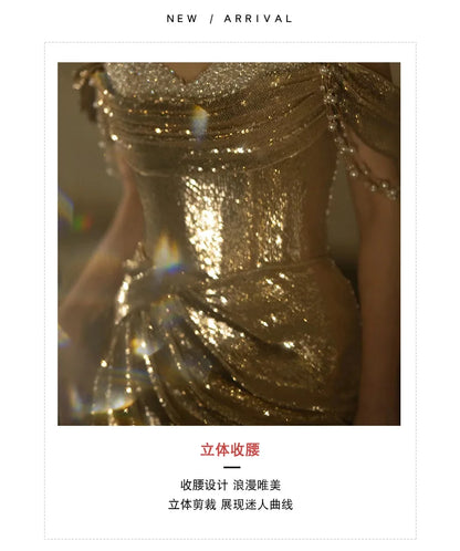 Mauroicardi Spring Autumn Praty Evening Dresses Woman Off Shoulder Backless Elegant Chic Luxury Floor Length Gold Sequin Clothes
