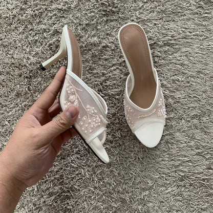 2026 String Bead Mesh Embroider Slingback High Heels Women Sexy Peep Toe Heeled Sandals Summer Elegant Luxury Designer Shoes