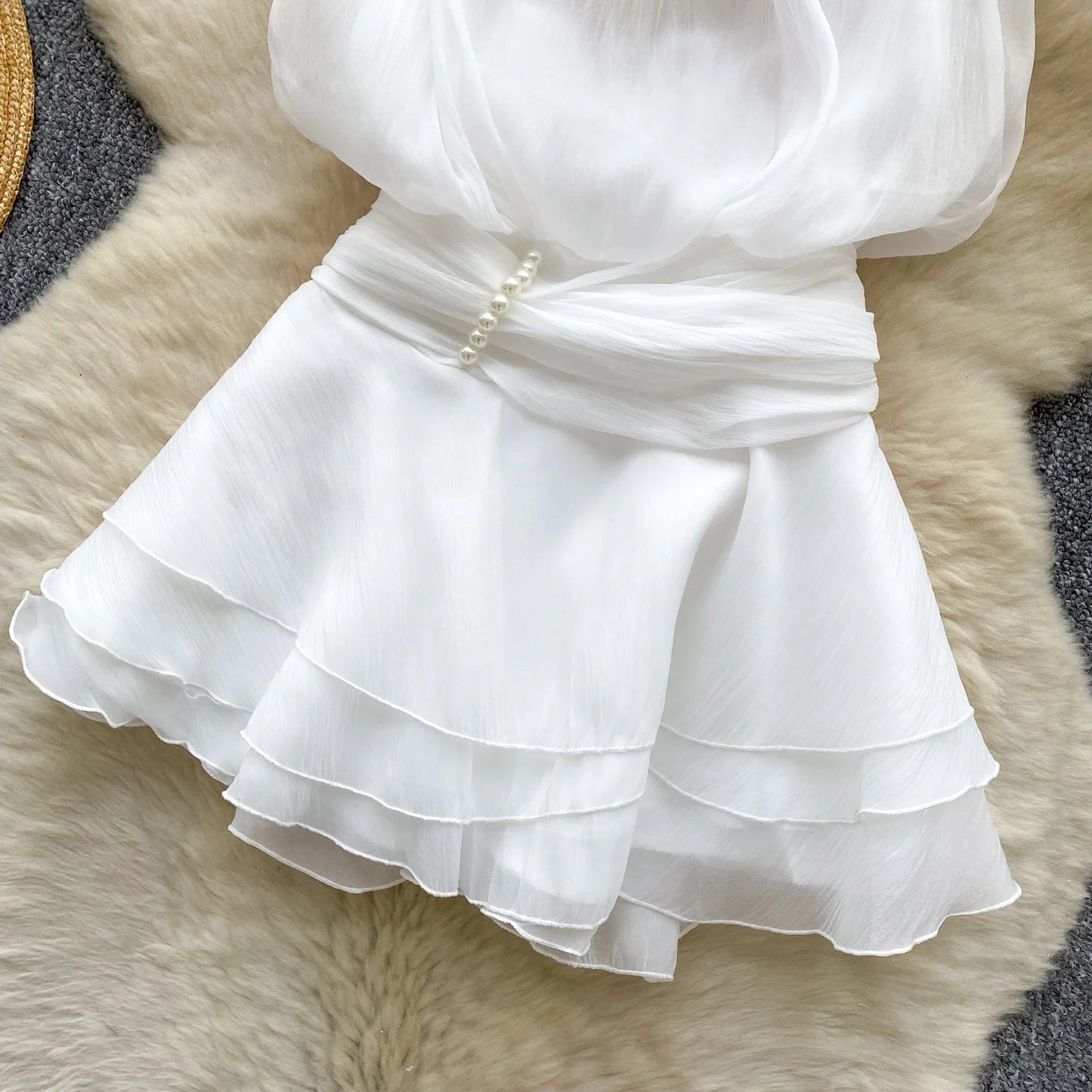 SINGREINY Strap Chiffon Mini Dress Female Pearl Halter Sleeveless Backless Sexy Design Fairycore Vacation Summer Ruffles Dress