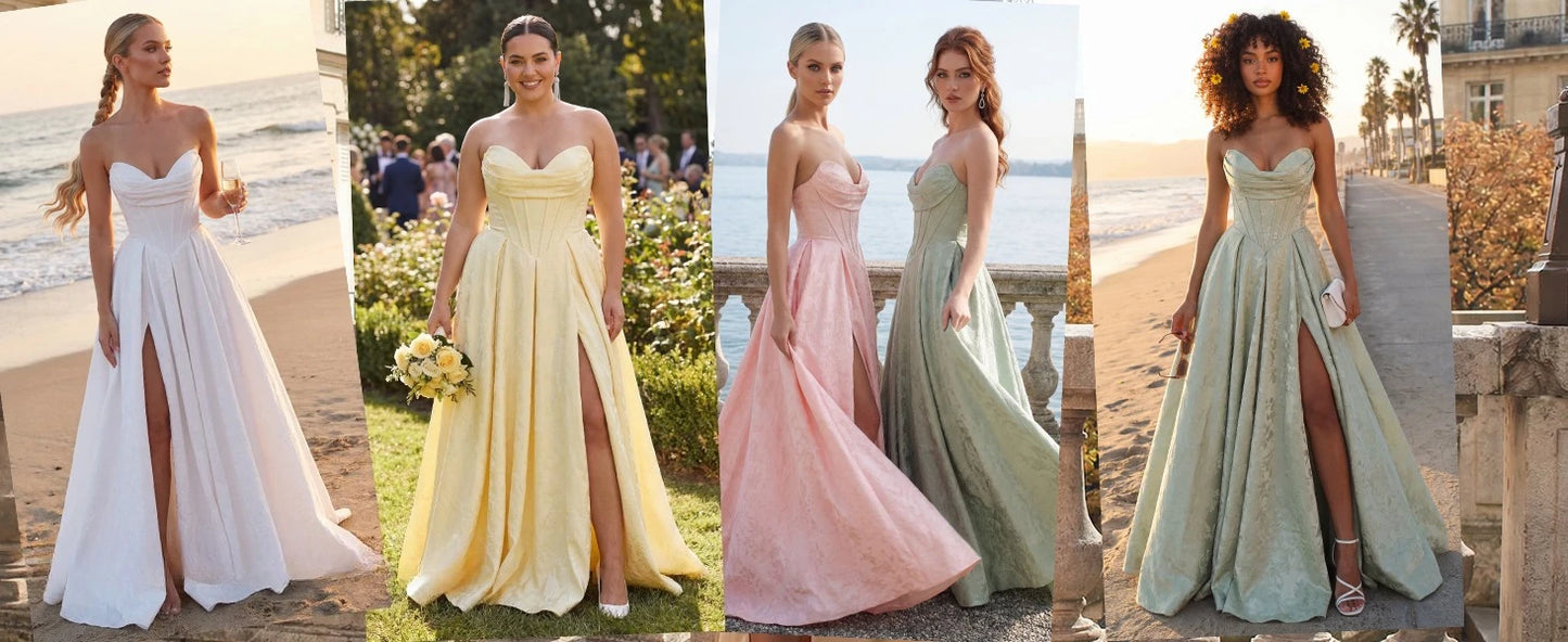 Women Elegant Jacquard Satin Prom Dresses with Slit Strapless Corset A Line Long Formal Gowns Evening Gowns Party Dresses