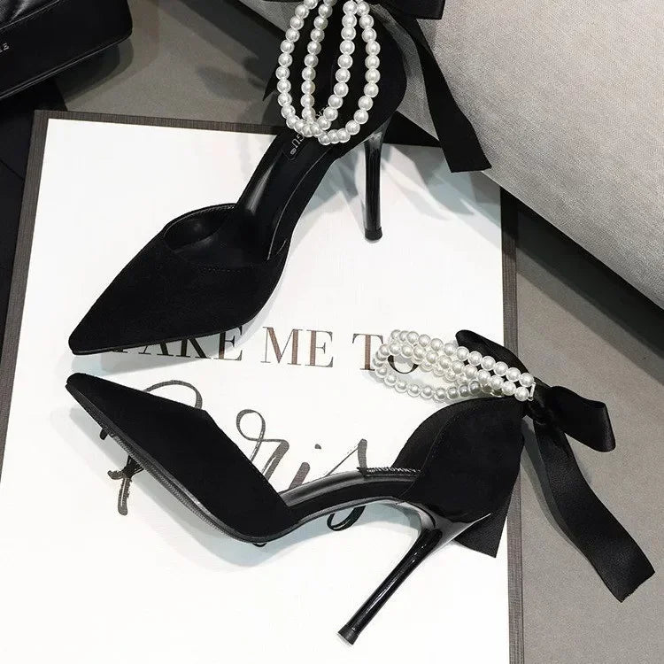 Comemore 2025 Summer  Bow Black High Heel Sandals Lace-up Solid Ladies Shoes Fashion Thin Heels Buckle Women's Sandals banquet