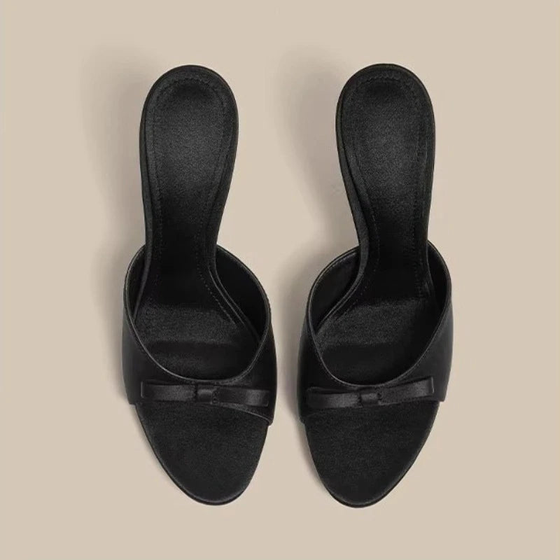 Designer Thin High Heel Summer Women Slippers Fashion Satin Butterfly-knot Dress Slides Ladies Sexy Stripper Party Sandals