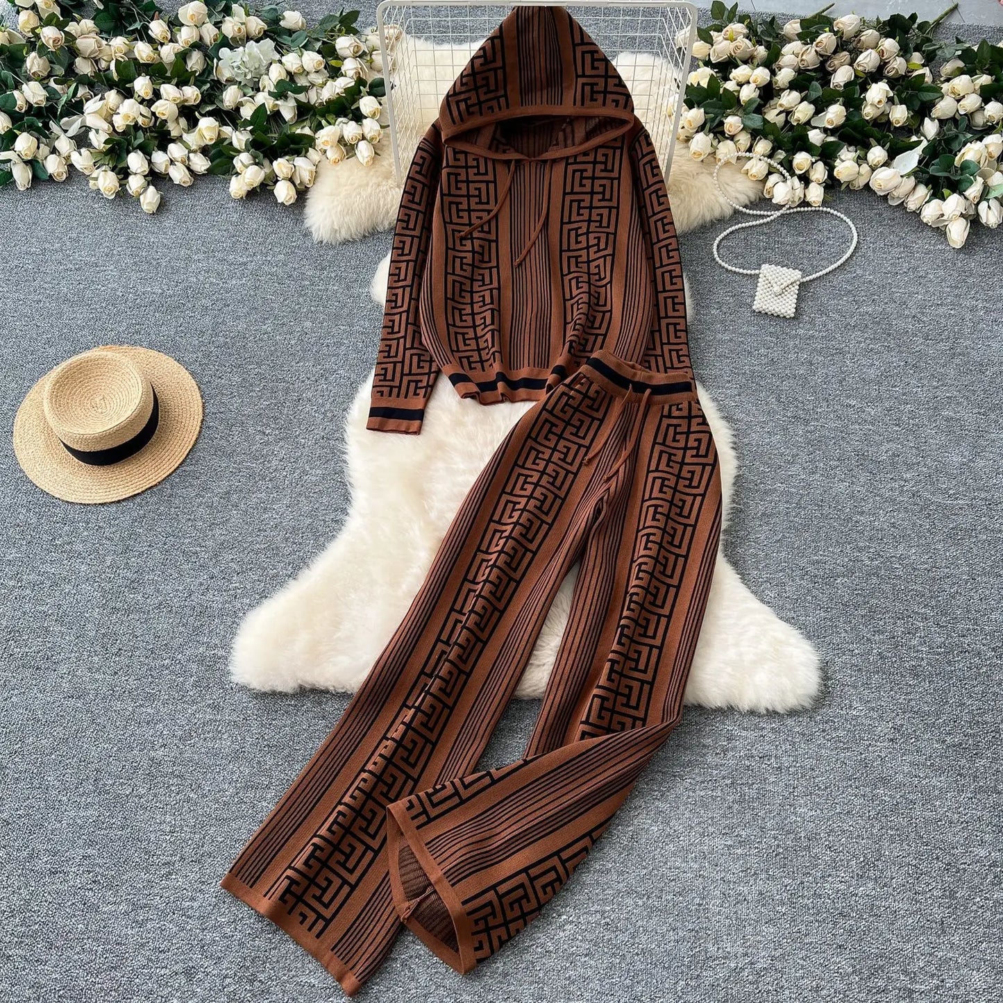 Autumn Pant Set Women Two Piece Sets Hooded Matching Sets Tops Wide Leg Long Pants High Waist Y2k Streetwear Work Print 2025