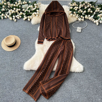 Autumn Pant Set Women Two Piece Sets Hooded Matching Sets Tops Wide Leg Long Pants High Waist Y2k Streetwear Work Print 2025