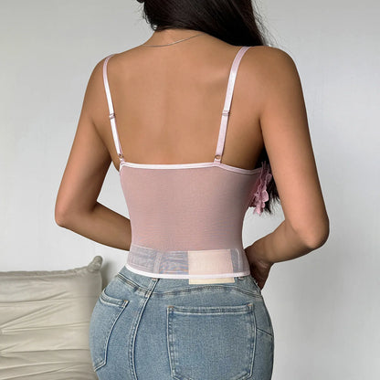 New women's slim fit vest, sexy women's transparent mesh fabric, three-dimensional floral decoration on the chest