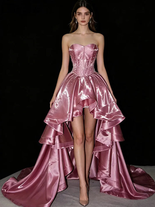 Lautaro Spring Long Luxury Sleeveless Strapless Pink RhinestoneElegant Evening Party Wedding Birthday Prom Dress for Women Dress