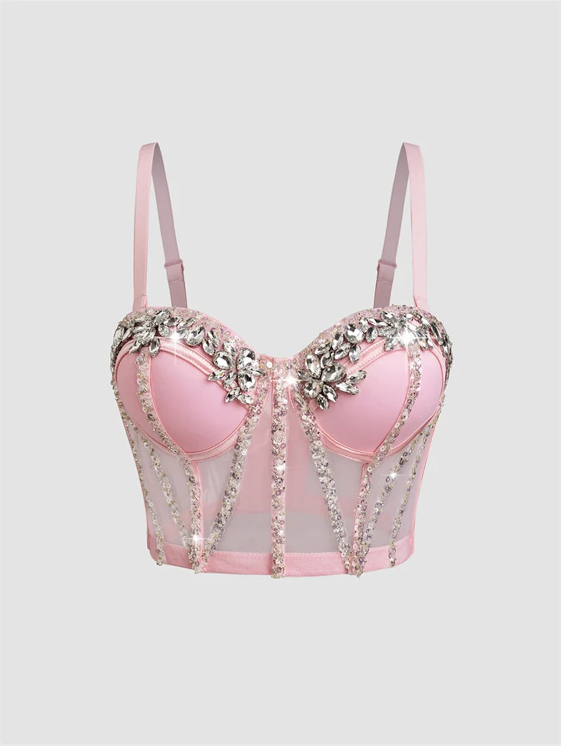 Fashion 2025 Women's Bikins White Diamonds Sling Feminine Short Crop Top Bungee Underwear Tank Tops Sexy Stage Costume Bras