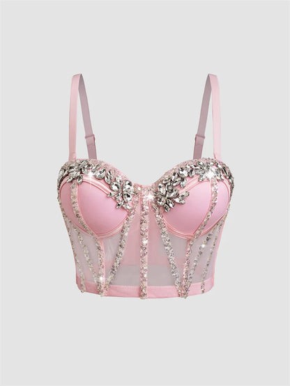 Fashion 2025 Women's Bikins White Diamonds Sling Feminine Short Crop Top Bungee Underwear Tank Tops Sexy Stage Costume Bras