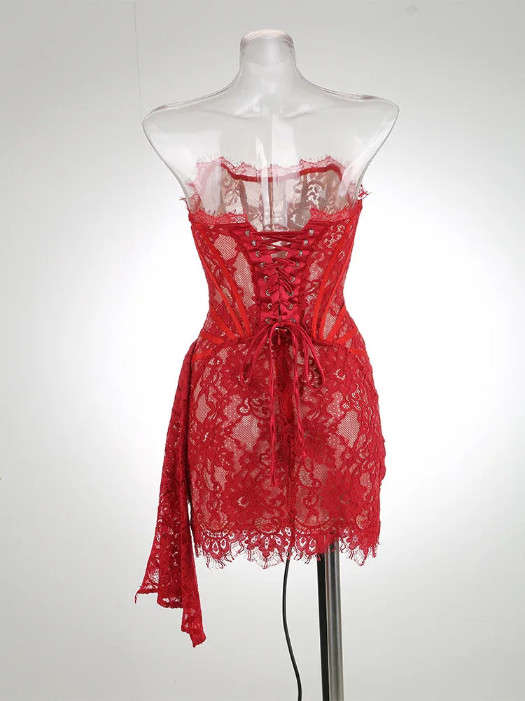 TARUXY Sexy Lace See-through Patchwork Corset Dress Female Bodycon Elegant Party MIrrgualr Mini Dress Women Tube Top Dress New