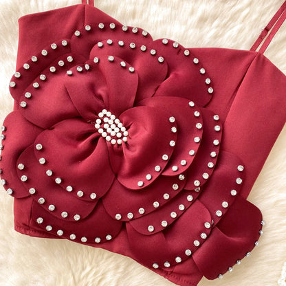 New French Sweet Strap Camisole Strapless 3D Floral Beading Diamonds Design Tops Elastic Ruched Slim Streetwear Tank Top