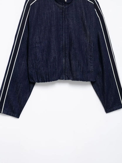 KONDALA Women High Street Denim Set Spring Fall Trendy Side Stripe Stand Collar Zipper Jacket Lace-up Pant 2026 Casual Pants Set
