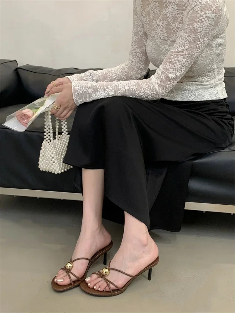 Aneikeh Fashion Low Thin Heels Design Narrow Band Women Slippers Narrow Band Round Head Sandal Mules Slides Shoes Zapatos Mujer