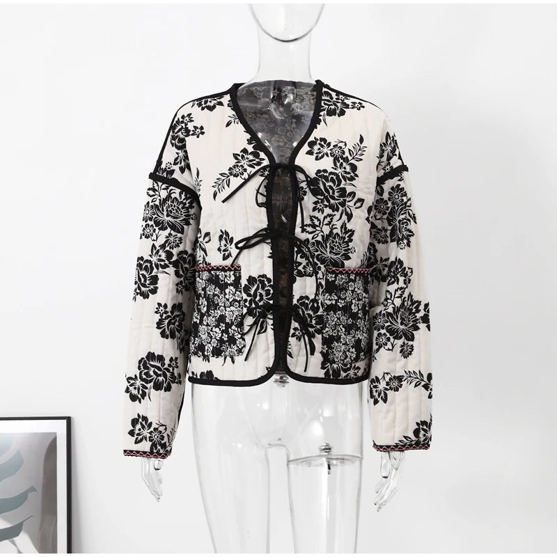 HH Floral Print Jacket For Women Autumn Quilted Reversible Cotton Coat Cardigan Long Sleeve Jackets Elegant Woman Streetwear