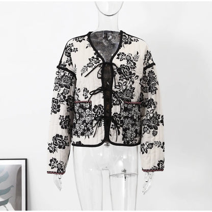 HH Floral Print Jacket For Women Autumn Quilted Reversible Cotton Coat Cardigan Long Sleeve Jackets Elegant Woman Streetwear