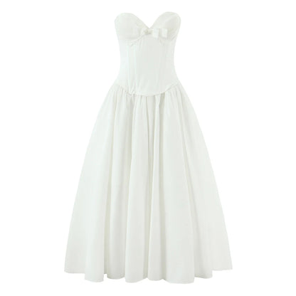 3 colors Sexy Wire Chest Boning Slim Waist Long Strapless Dress Women Cross Lacing up Back Ruched Hem Swing Party Vestido Yellow