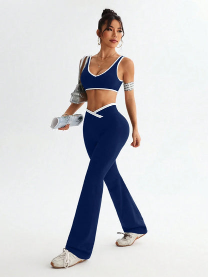 Womens One Piece Yoga Set Tummy Control Fitness Outfit Color Blocking Wide Strap with V Waist Flared Pants 2 Piece