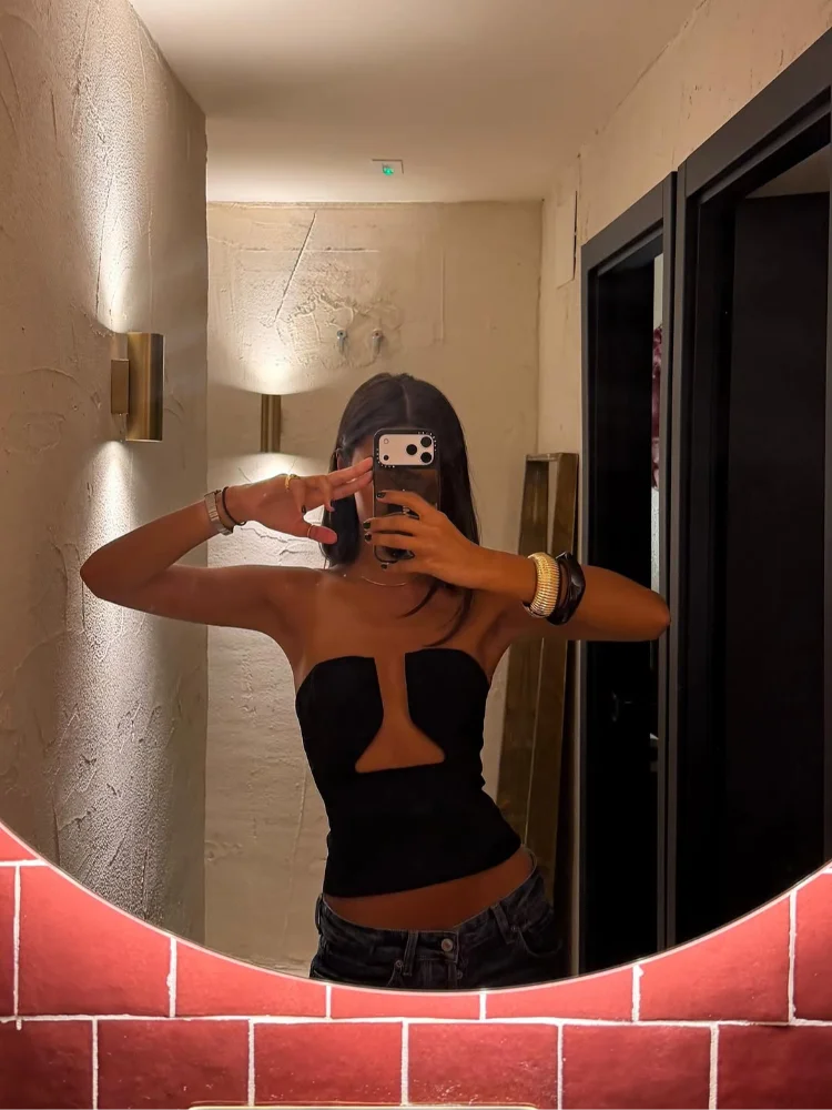 Women Sexy Solid Strapless Cutout Tube Vest Hollow Out High Neck Fitted Crop Camisole 2026 Lady Party Date Night Streetwear Top