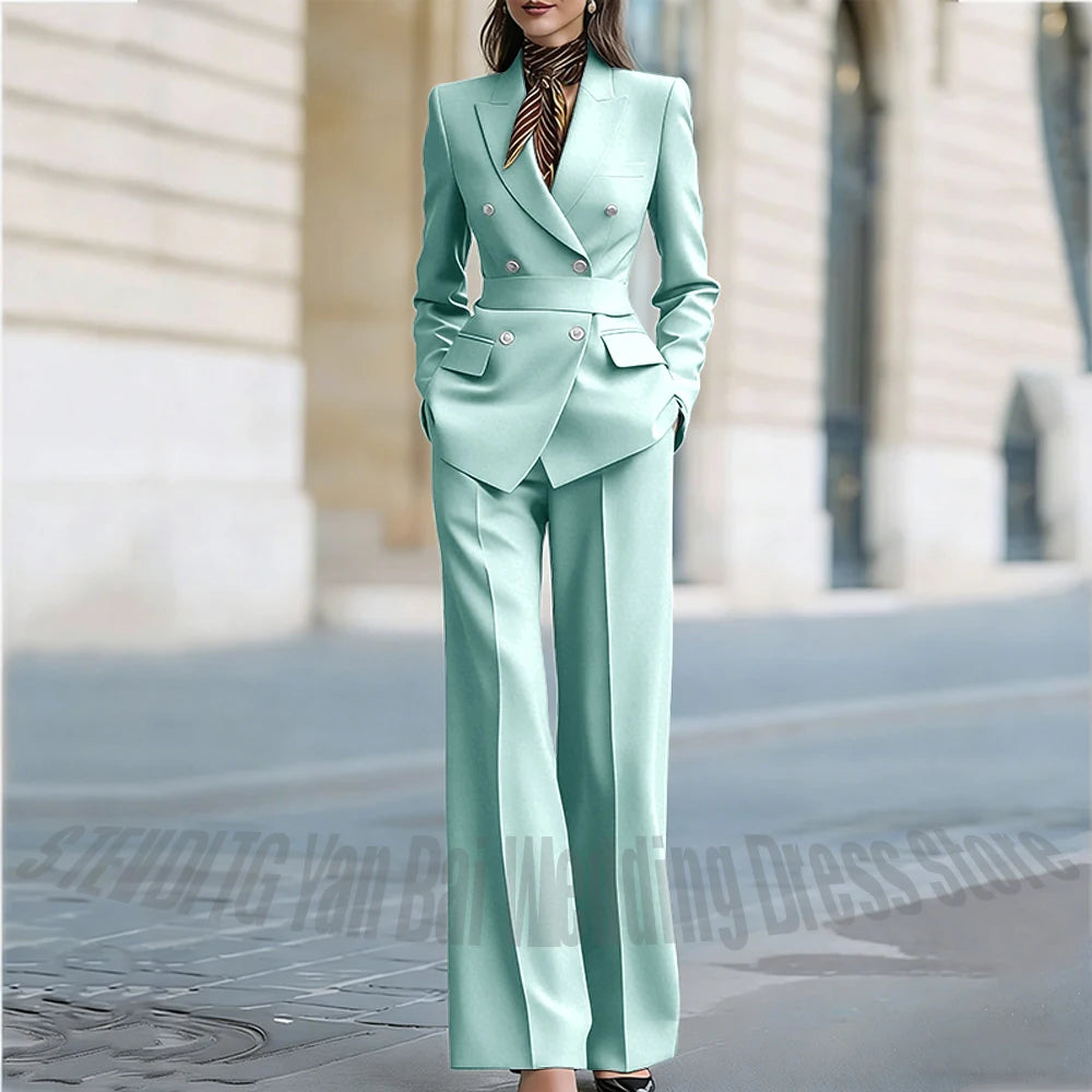 Customized Straight Women's Suits Two Pieces Classic Double Breasted Solid Color High Street Business Casual Office Suit Set