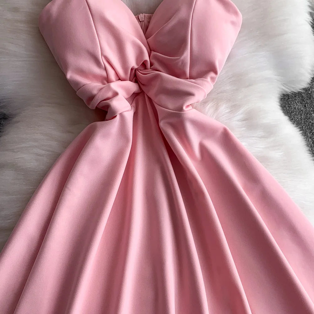 Chic V-neck  Ruched slim off shoulder  A-line High Waist Evening Party dress Women High Street ceremony dresses