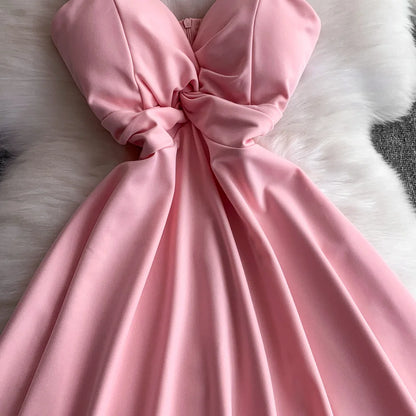 Chic V-neck  Ruched slim off shoulder  A-line High Waist Evening Party dress Women High Street ceremony dresses