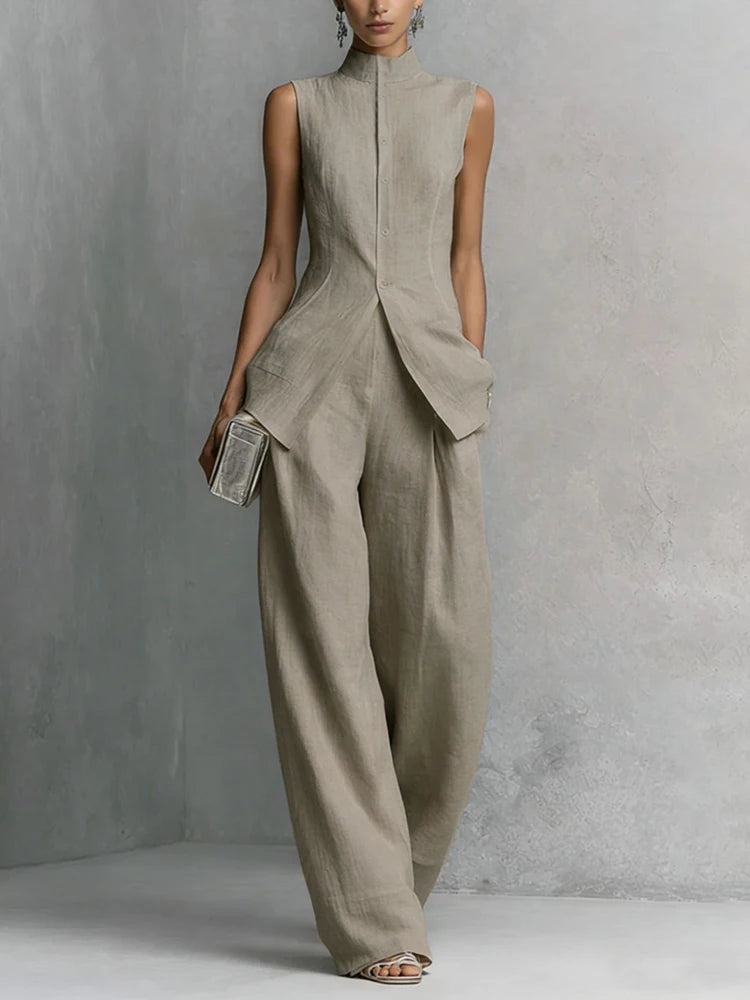 Women's Summer Stand Collar Sleeveless Single-Breasted Cardigan Top with Wide Leg Pants 2PCS Set Solid Holiday Outfit Streetwear