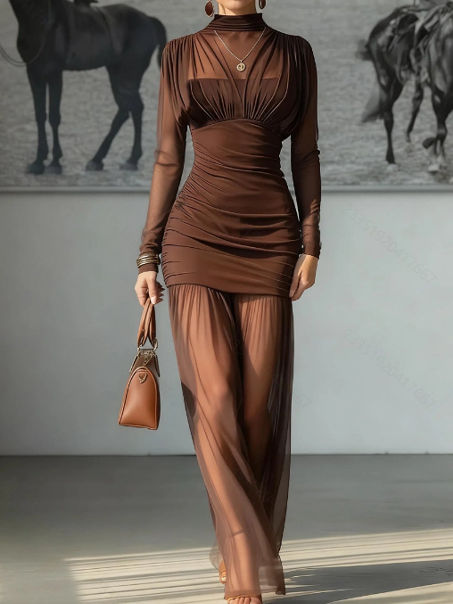 Elegant Sheer Long Sleeve High Neck Ruched Bodycon Dress For Women, Fashion Slim Party Banquet Art Exhibition Outfit